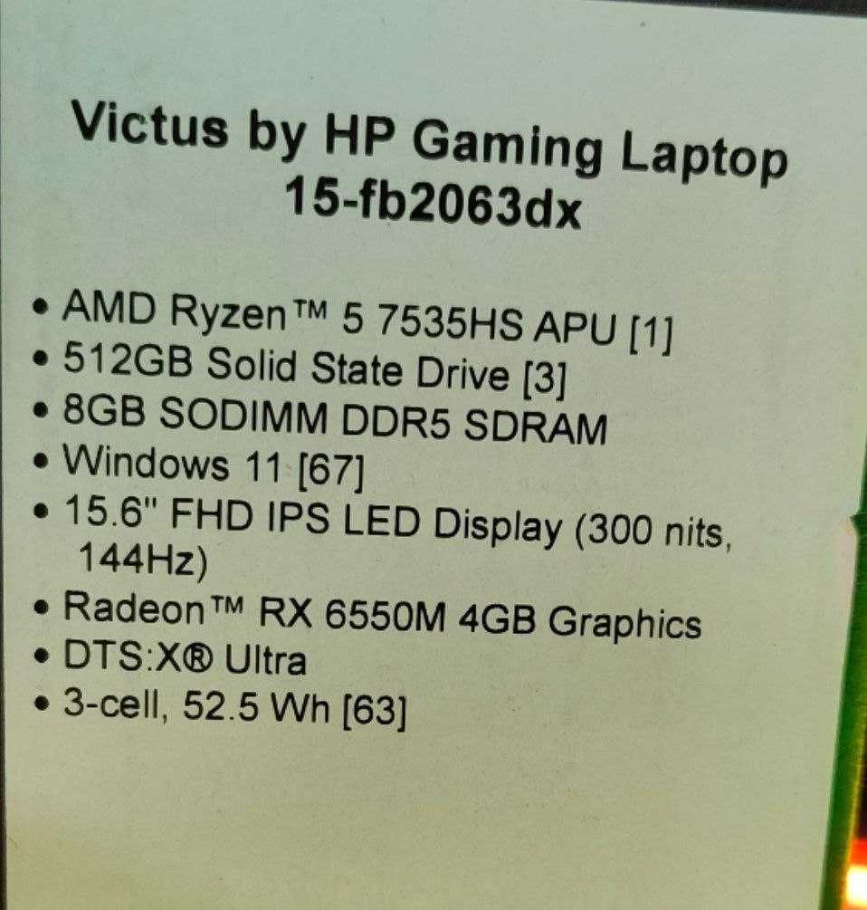 Ноутбук HP VICTUS  |  R5 7535HS | DDR5 8GB | RX6550M 4GB | SSD: 512GB