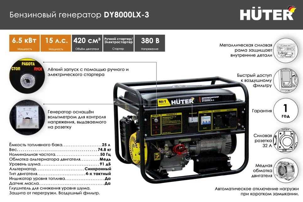 генератор трёзфазный 3 Ф бензогенератор HUTER DY8000LX-3