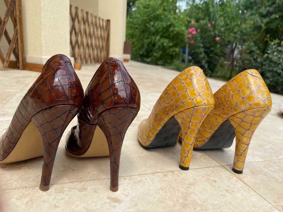 pantofi stiletto din piele de crocodil, premium, maro si galbeni, 36