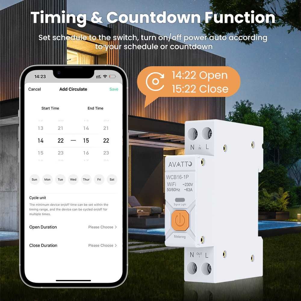 AVATTO WCB-16 WiFi смарт прекъсвач 63 A 1P+N с енергиен монитор