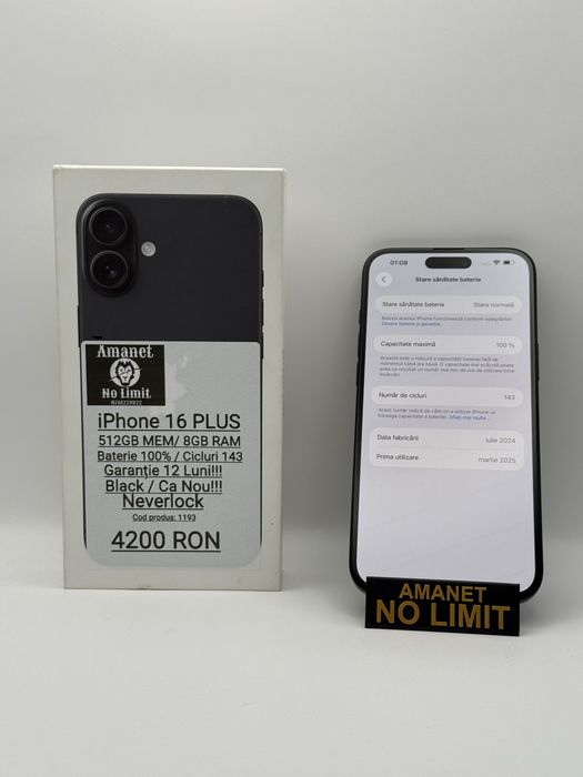 iPhone 16 Plus Black 512GB Baterie 100% Cicluri 141 , Garantie 12 Luni