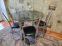 Стол черное стекло толщина 8 мм диаметр 90 см 4 стула кожзам.
