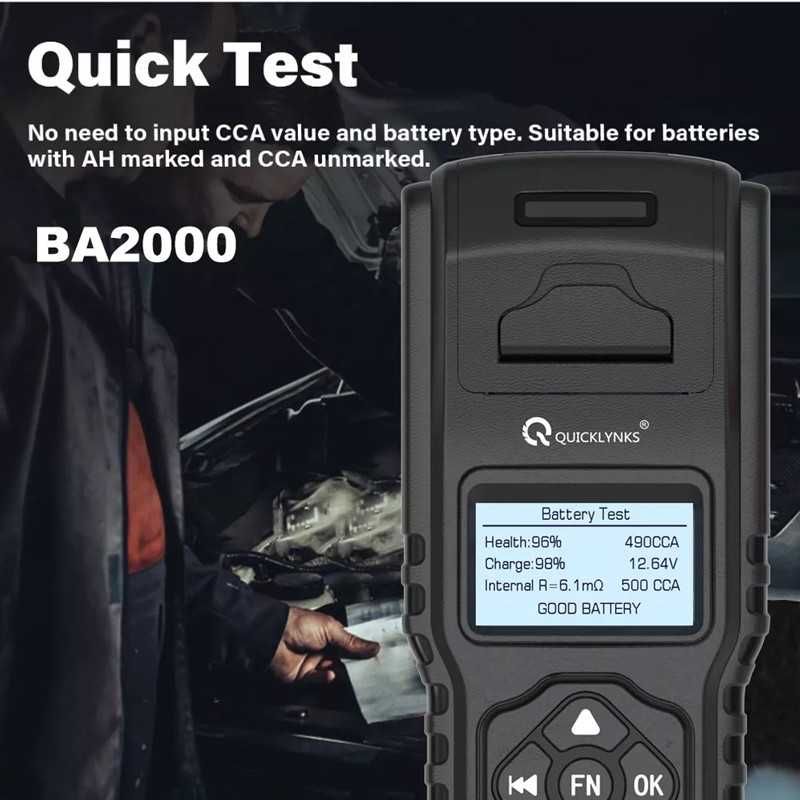 Tester baterie acumulator auto QUICKLYNKS BA 2000 12V 24V imprimanta