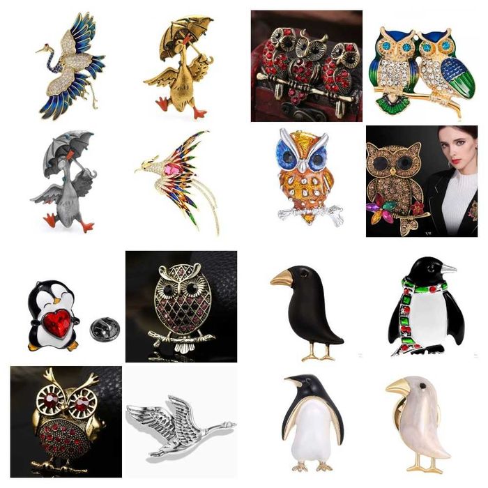 Брошь ПТИЦЫ. Журавли, аисты, пингвины, совы, утки, вороны, ласточки др