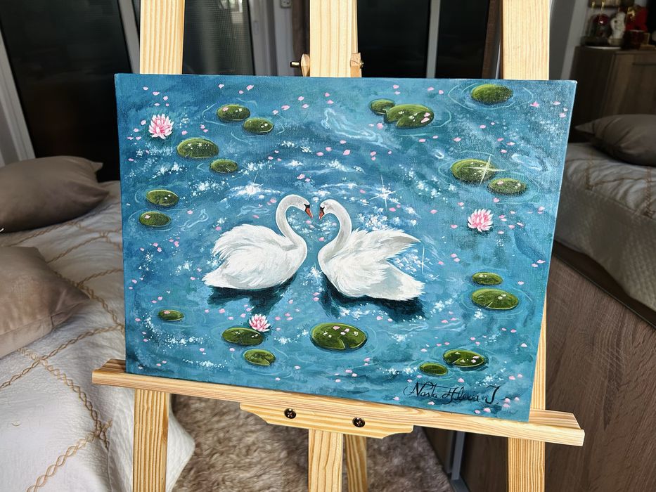 Pictură acrilic pe carton pânzat lebede nuferi