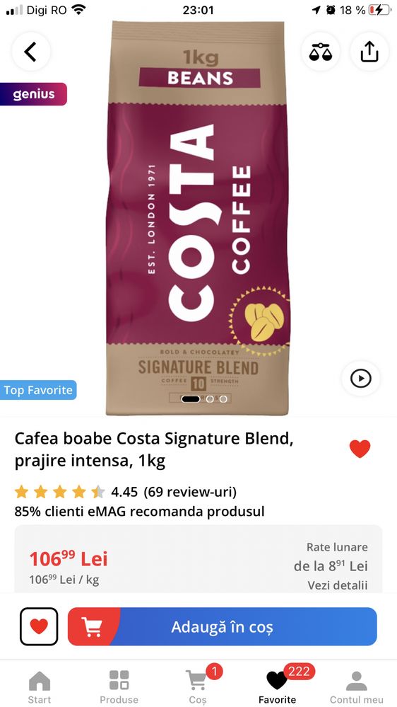 Cafea boabe COSTA Signature Blend, prăjire intensa, 1KG