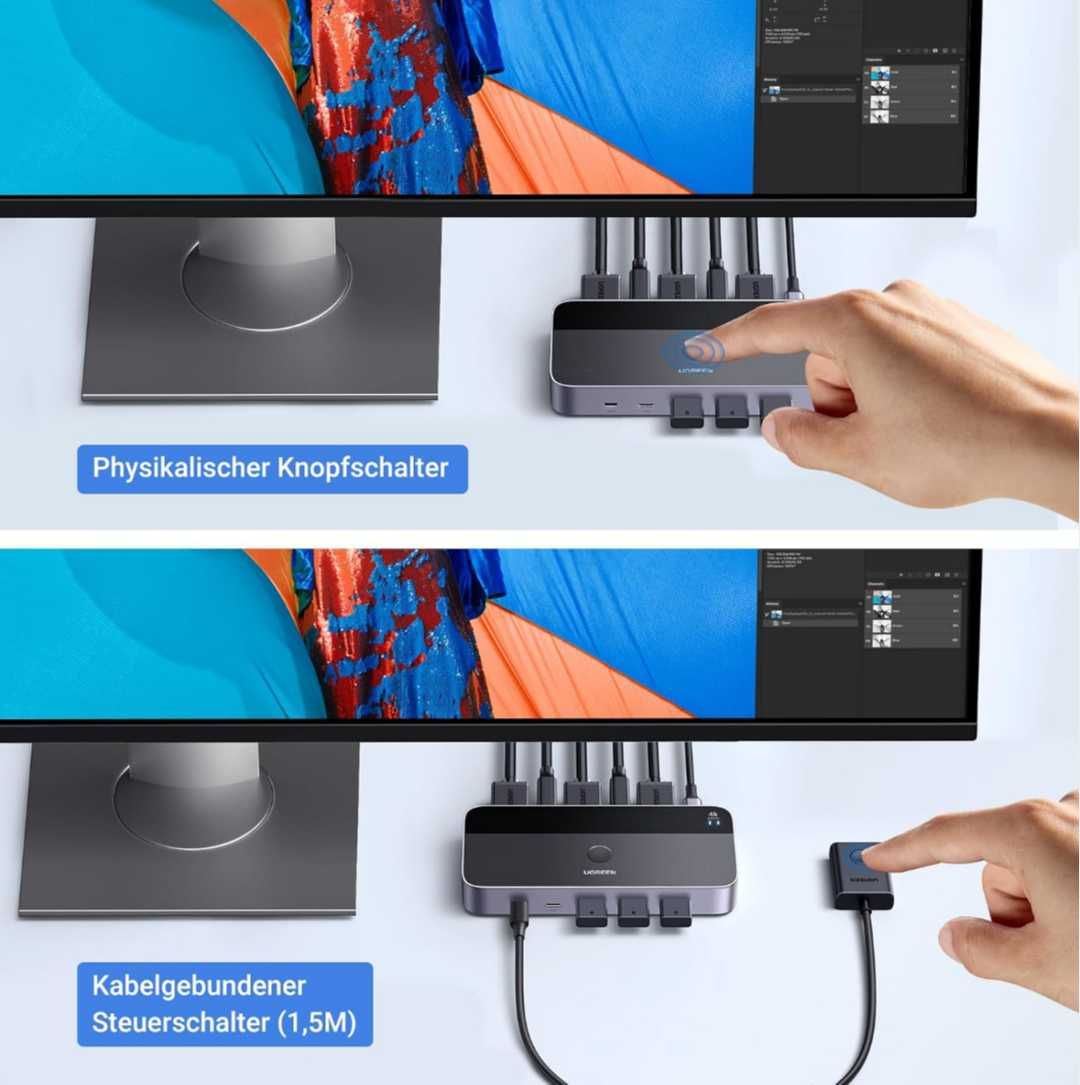 UGREEN HDMI 2.0 KVM превключвател 4K60Hz USB3.0 4 порта 3xUSB3.0+USB C