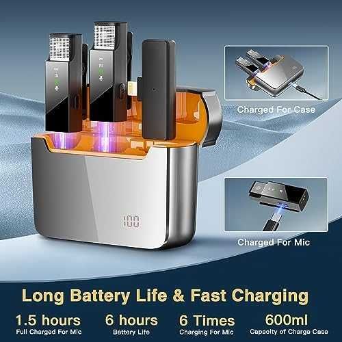 Нови 2 броя Безжични Микрофони с Кутия за Зареждане iPhone и iPad