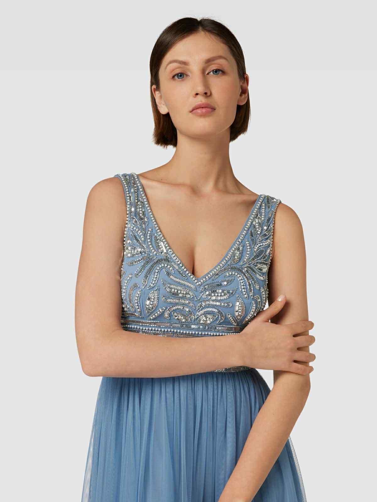 Официална дълга рокля Lace&beads небесно синьо тюл м размер