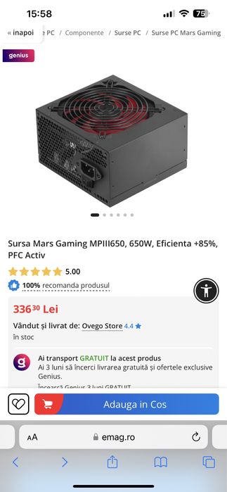 Sursa Mars Gaming MPIII650, 650W, Eficienta +85%, PFC Activ