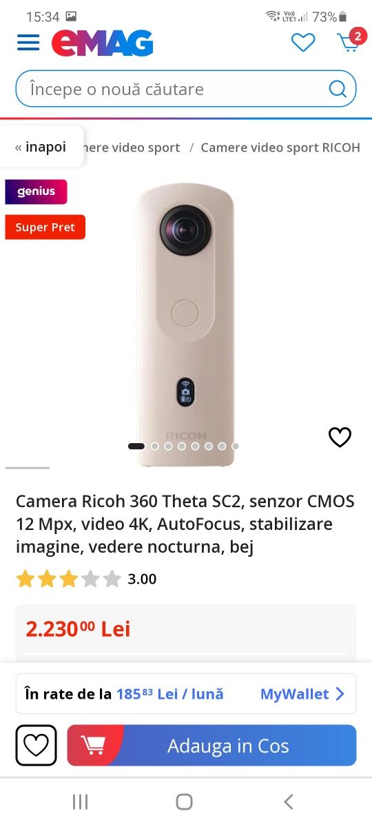 Camera Ricoh 360 Theta SC2, senzor CMOS 12 Mpx, video 4K, AutoFocus,