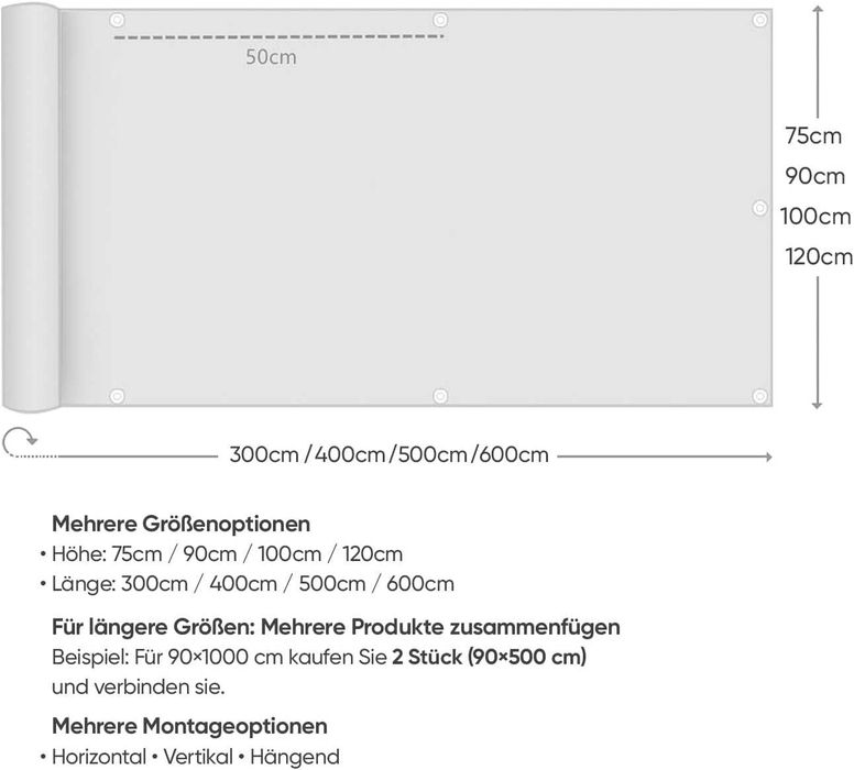 НОВА! Плътна преграда за балкон 1.2 х 6 м, защита от вятър и UV