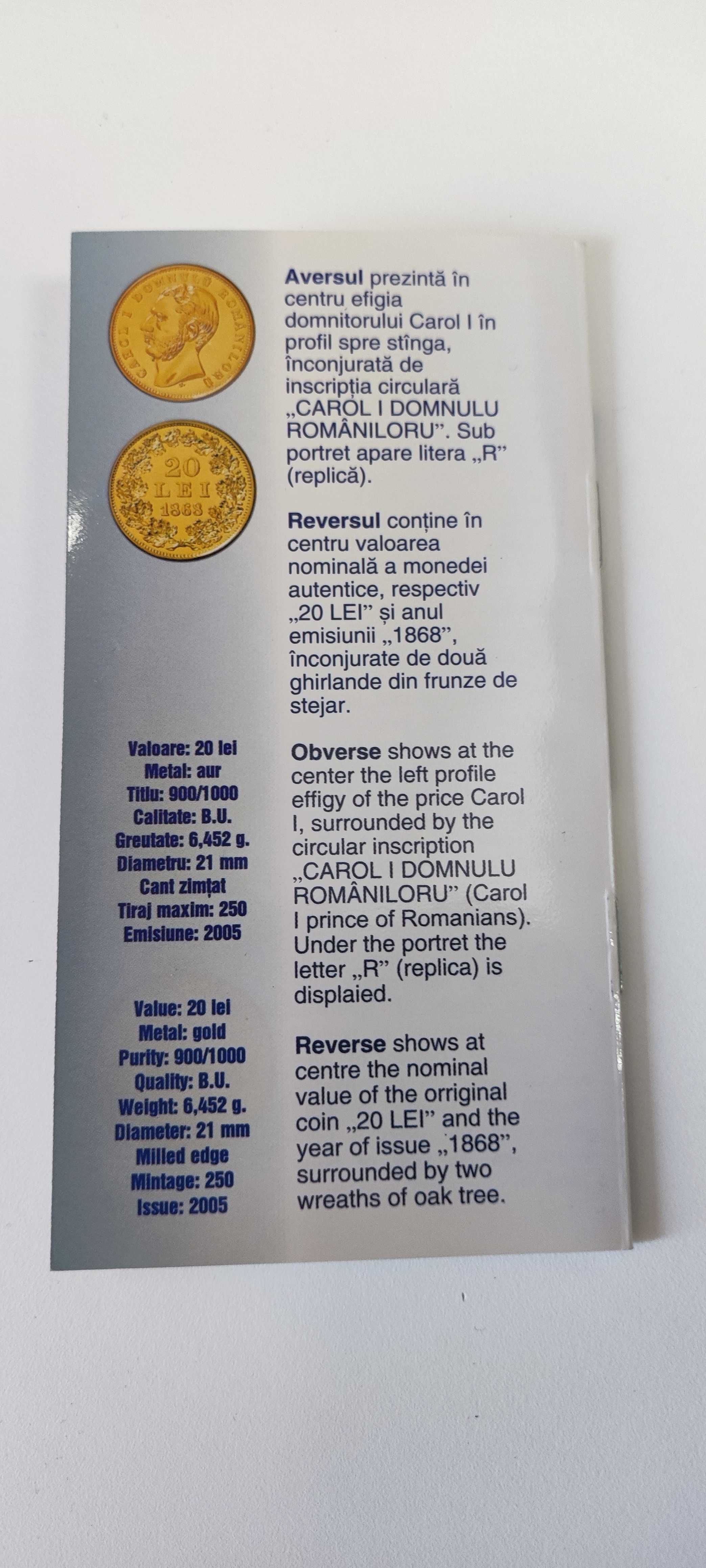 Moneda aur BNR - Replica dupa primul pol romanesc din aur