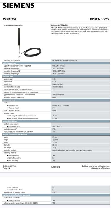 antena omnidirecțională GSM/2G/3G/4G-LTE Siemens ANT794-4MR SMA