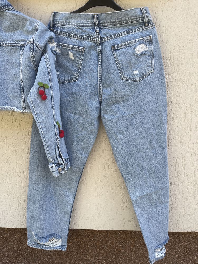 Set Denim - Jachetă scurtă + Blugi cu cireșe 3D
