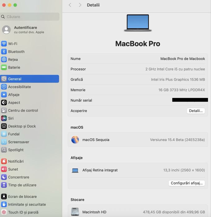 MacBook Pro 13-inch/ Intel Core i5 / 16 GB RAM/ 512 GB / Foarte bun