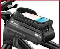 Geanta cadru bicicleta smartphon textura carbon logo fluorescent mtb