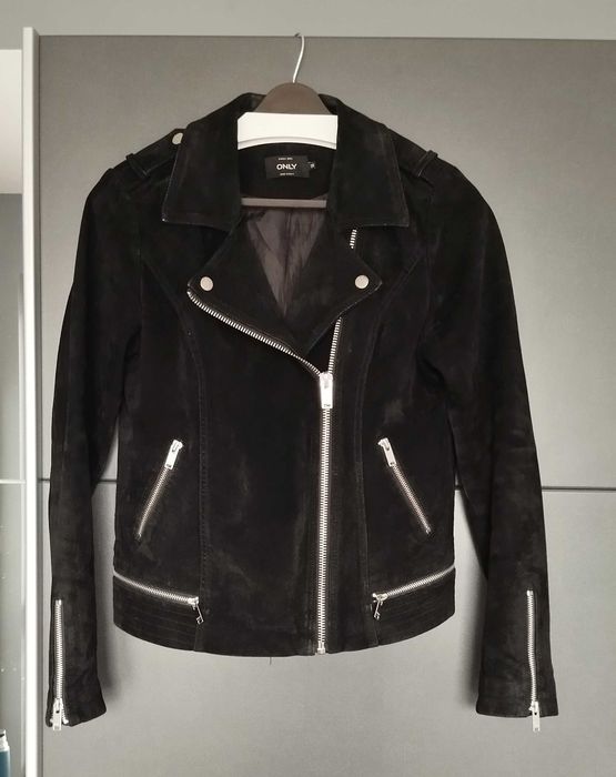 Естествена кожа дамско яке Only байкър размер S кожено яке черен велур