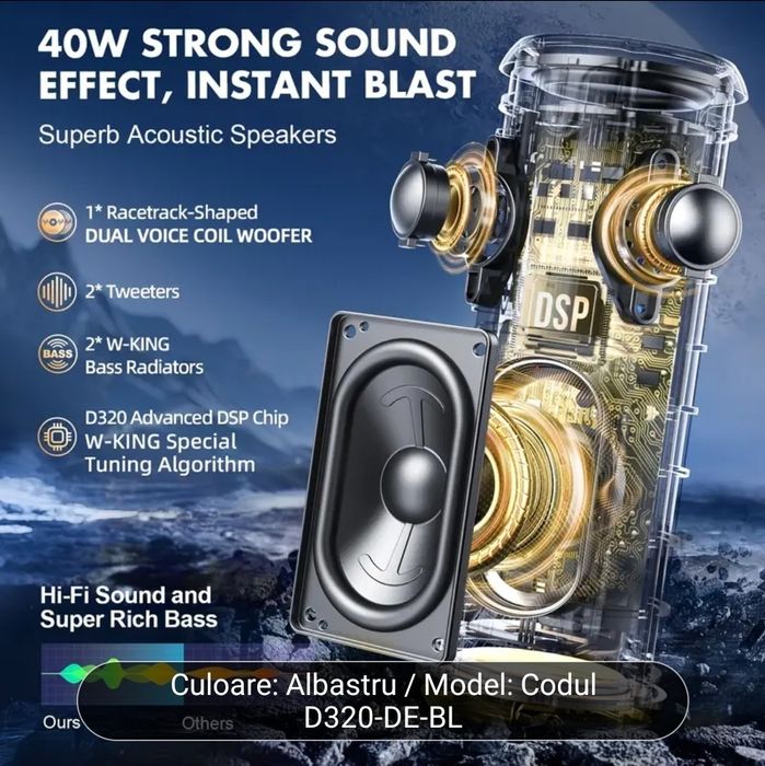 Boxa portabila Bluetooth W KING 36w/40w  EQ modes Waterproof Stereo wi