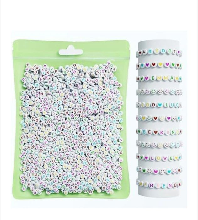 Margele albe rotunde cu litere colorate, 800 buc, alfabet A-Z