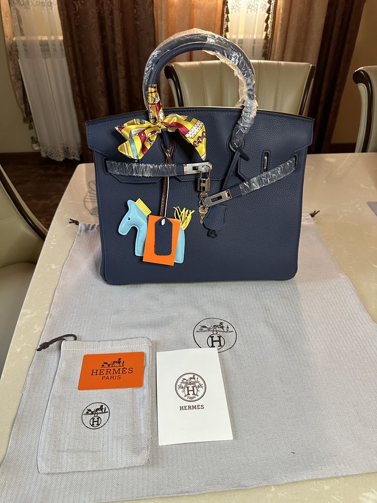 Geanta Hermes Birkin 35cm Albastru Piele Accesorii Silver