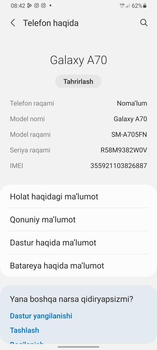 950 mingga bervoraman srochnaSamsung A70 6/128 Obmem redmi noʻte 6prog