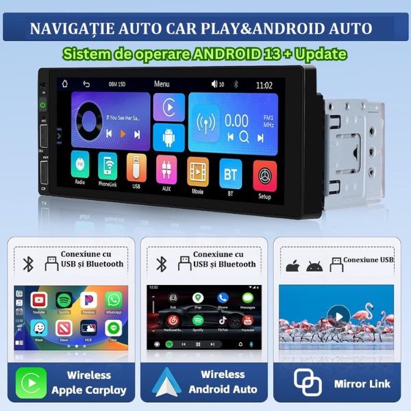 Navigatie 1DIN Android 13, Carplay Android Auto WIRELESS / Camera