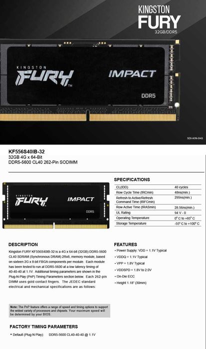 DDR5 5600Mhz 2x16gb  CL40 за лаптоп Kingstone Fury Impact