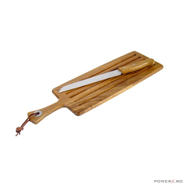 Set cutit si suport pentru taiat paine, inox si lemn masiv de salcam,
