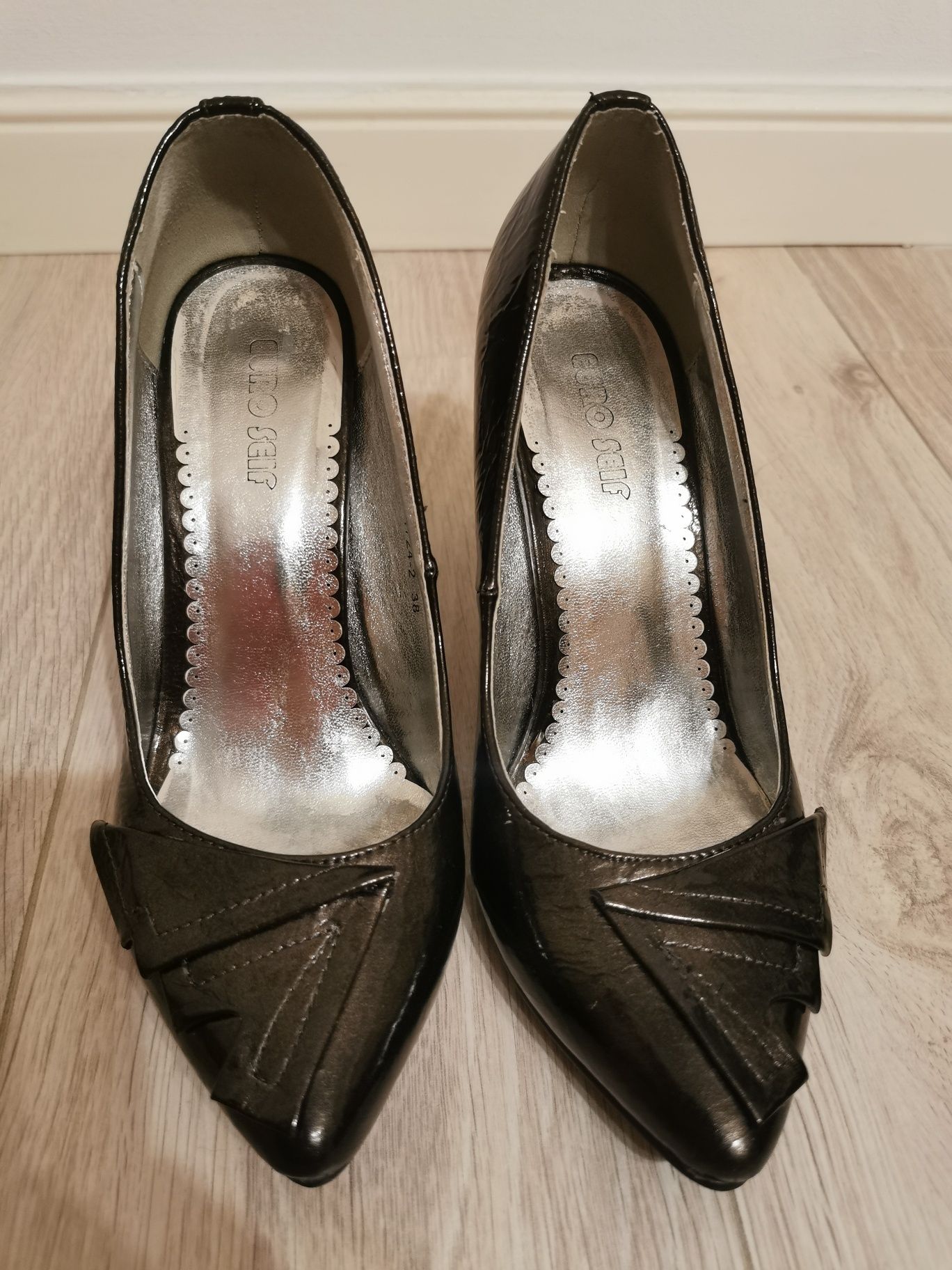 Pantofi stiletto, metalizati, negru-maroniu, marimea 38