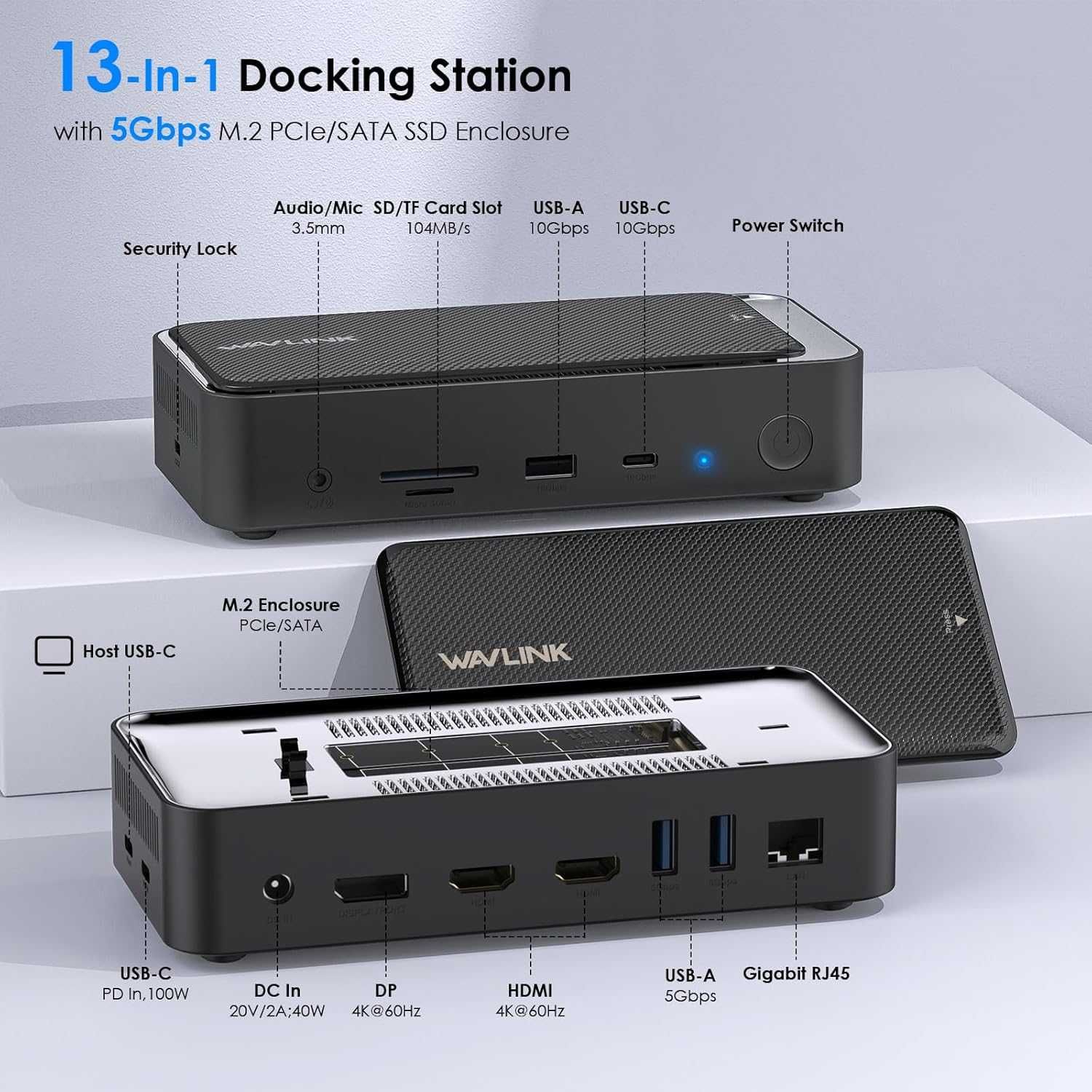 WAVLINK USB C докинг станция 3 монитора, 5Gbps M.2 PCIe/SATA SSD кутия