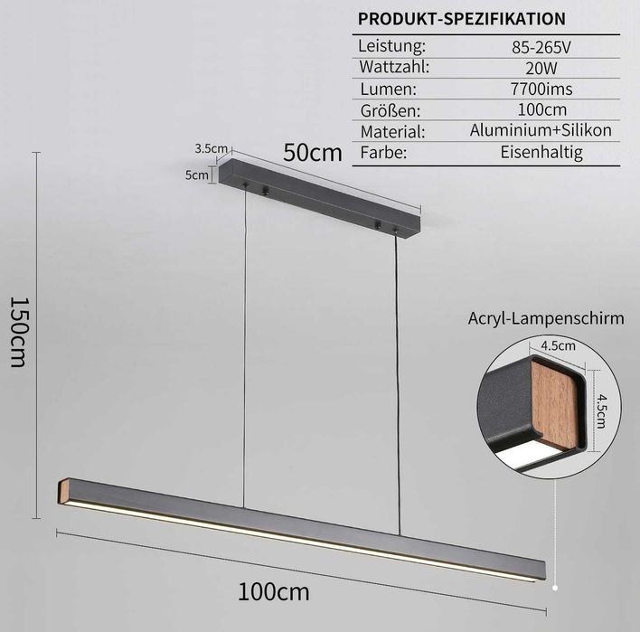 Mikeru 100см висяща LED лампа за трапезария с регулируема светлина