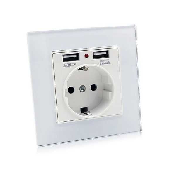 Стенен контакт с два USB порта за зареждане 5V 2.1A (стъклена рамка)