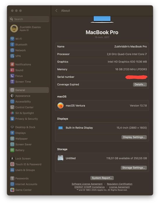 Macbook pro 15inch A1707. 16/256gb