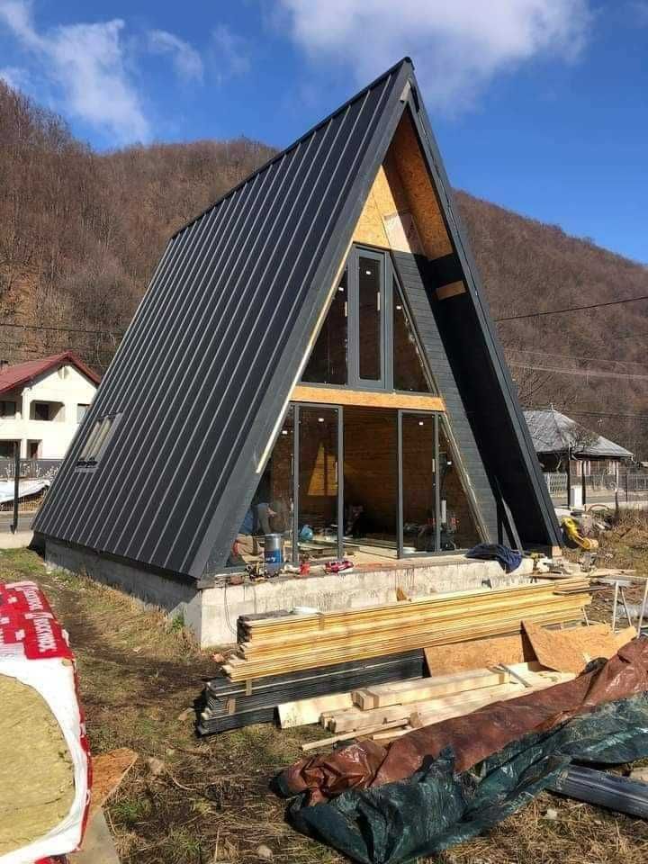 Cabana stil A-Frame, casa, terase si foisoare din structura de lemn