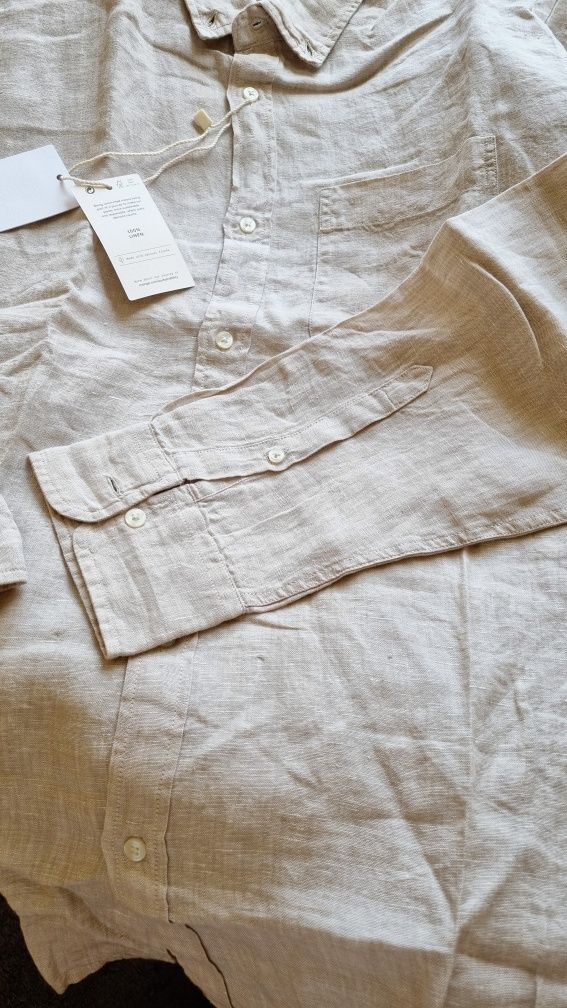 Ленена риза Мразмер MANGO бежова лятна дълъг ръкав джоб 100% лен нова