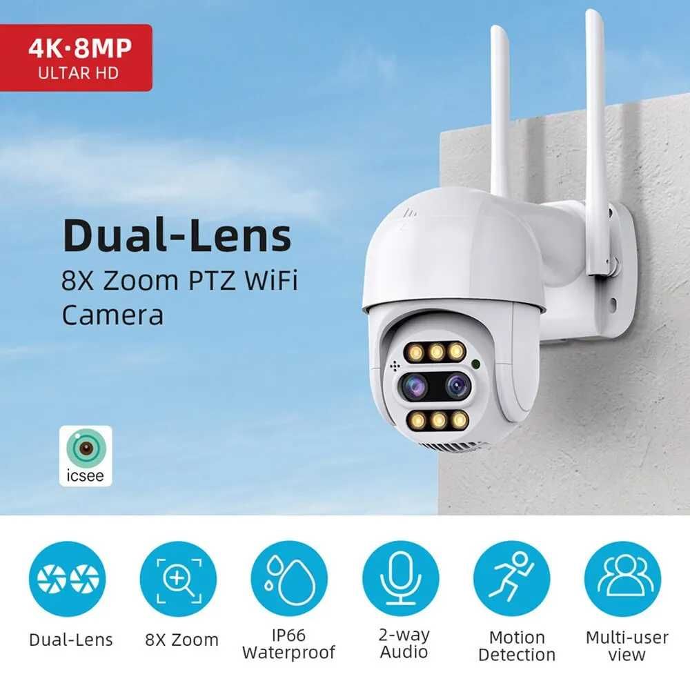 Camera de supraveghere exterior wifi dual lens zoom 8X, Icsee 4MP