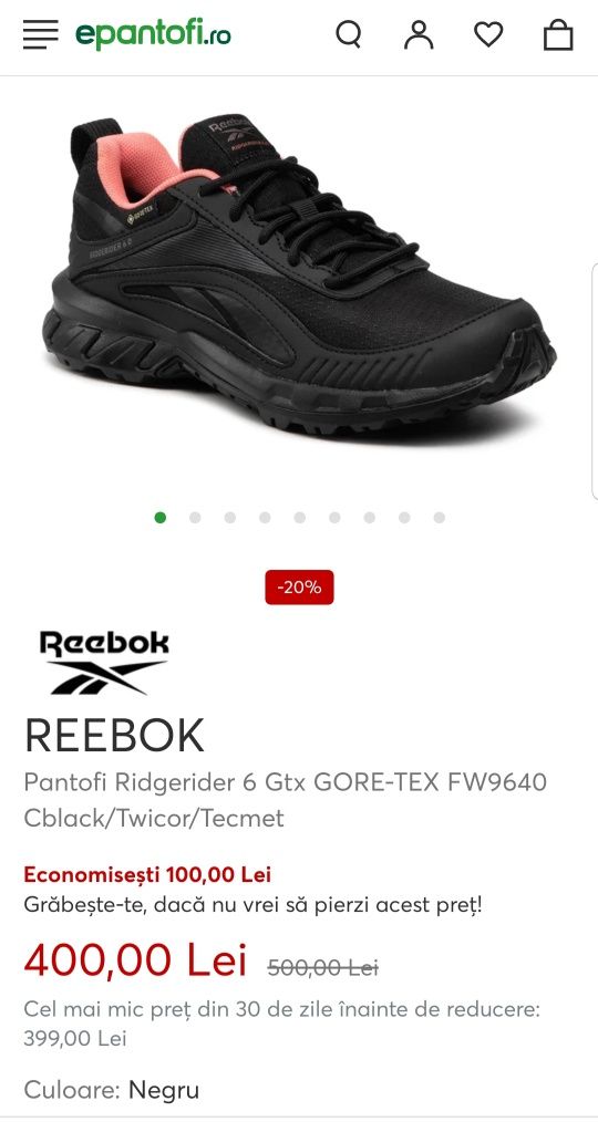 Ghete REEBOK Ridgerider 6 GORE-TEX FW9640 Negru, trail, running, nr 39