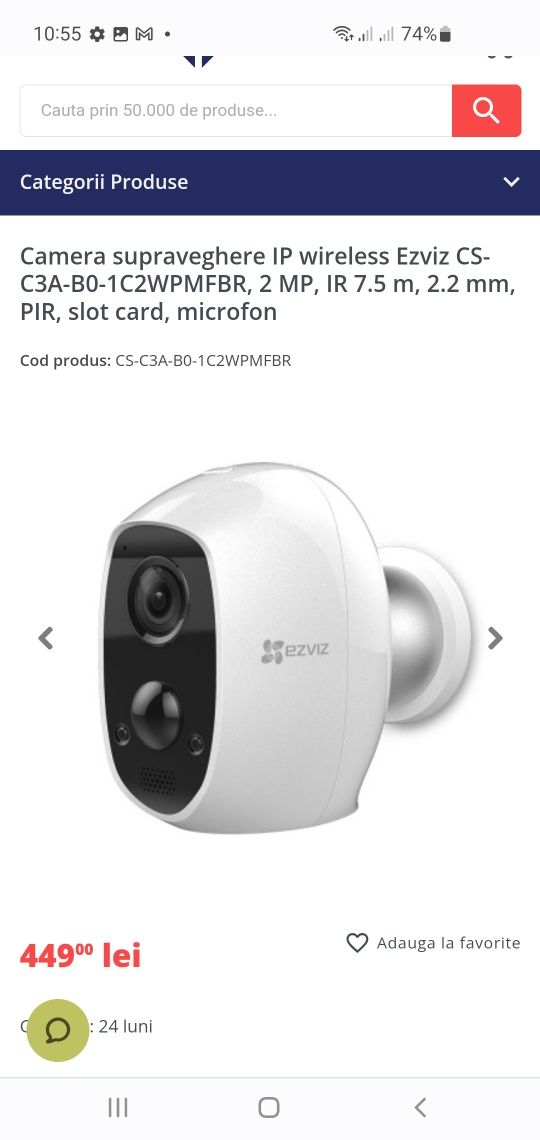 Camera supraveghere IP wireless Ezviz CS-C3A-B0-1C2WPMFBR, 2 MP, IR 7.