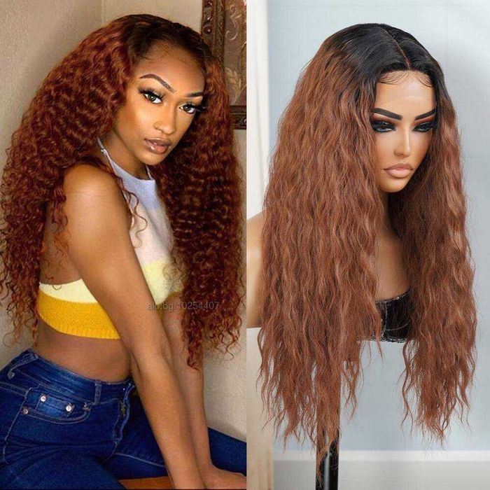 Кафява къдрава омбре дантелена перука с тъмни корени лейс фронт