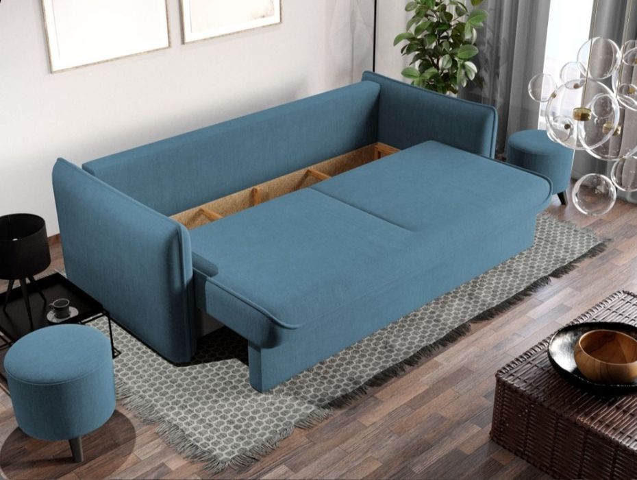 Canapea extensibilă albastra, material boucle