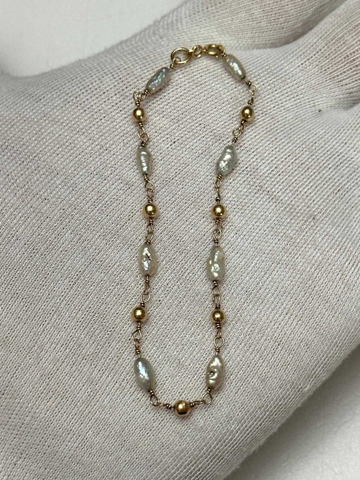BRATARA AUR 14K + PERLE Naturale - Neregulate - 17-21cm - Vintage !