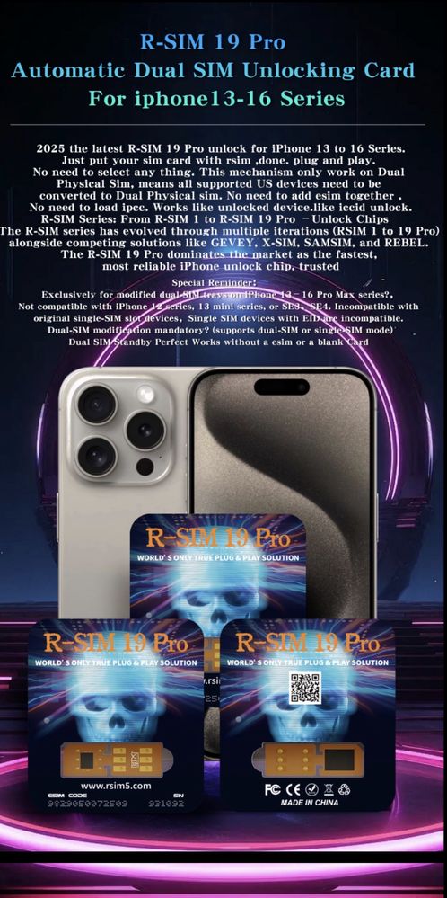 R-SIM 19 Pro Автоматична карта за отключване на две SIM iPhone 13-16