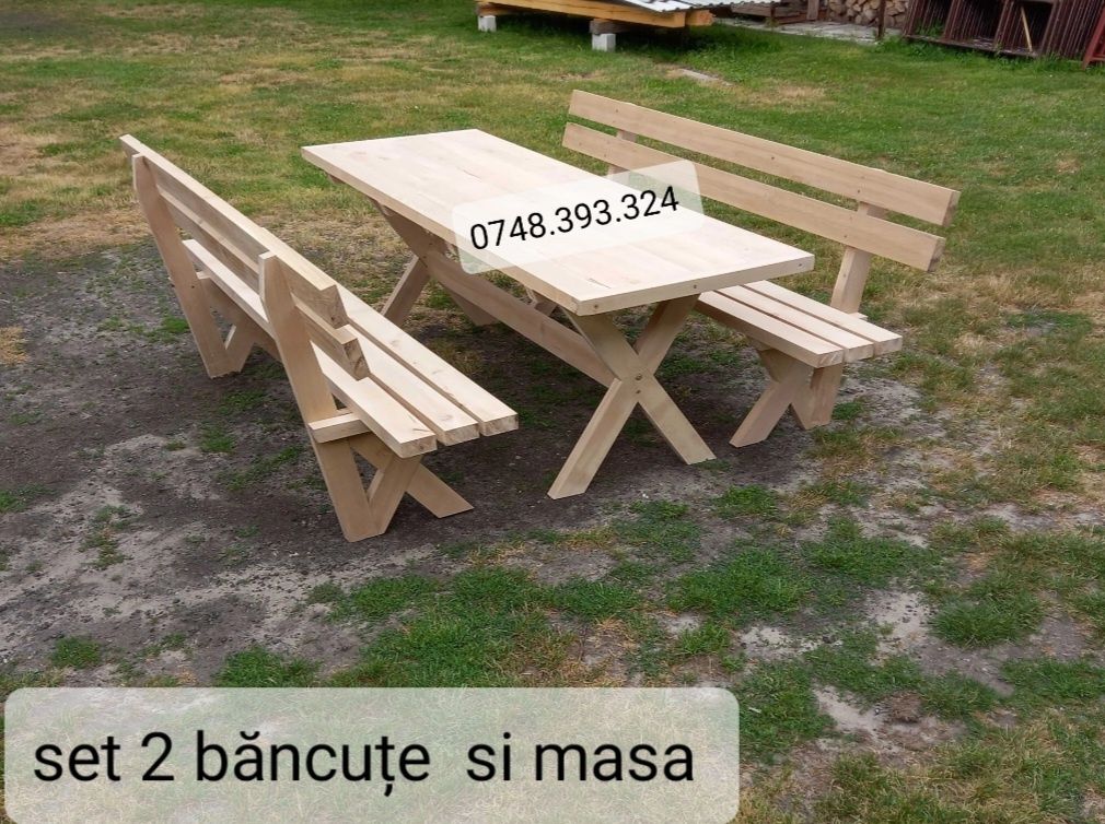 Set masa  cu  băncuțe  scaune lemn masiv  terasa foișor  bar