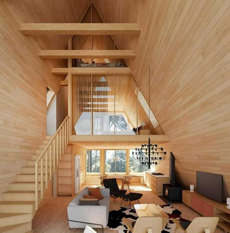 Cabana stil A-Frame, casa, terase si foisoare din structura de lemn
