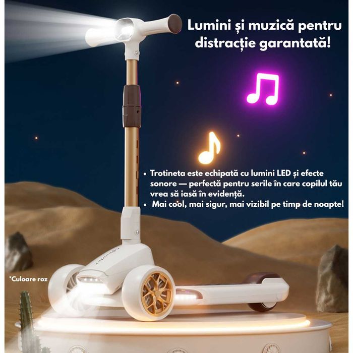Trotineta pliabila pentru copii cu Lumini LED, Stabilitate cu 3 roti