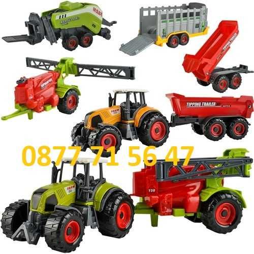 Детски фермерски комплект 6в1 трактори ремаркета преса сено машина