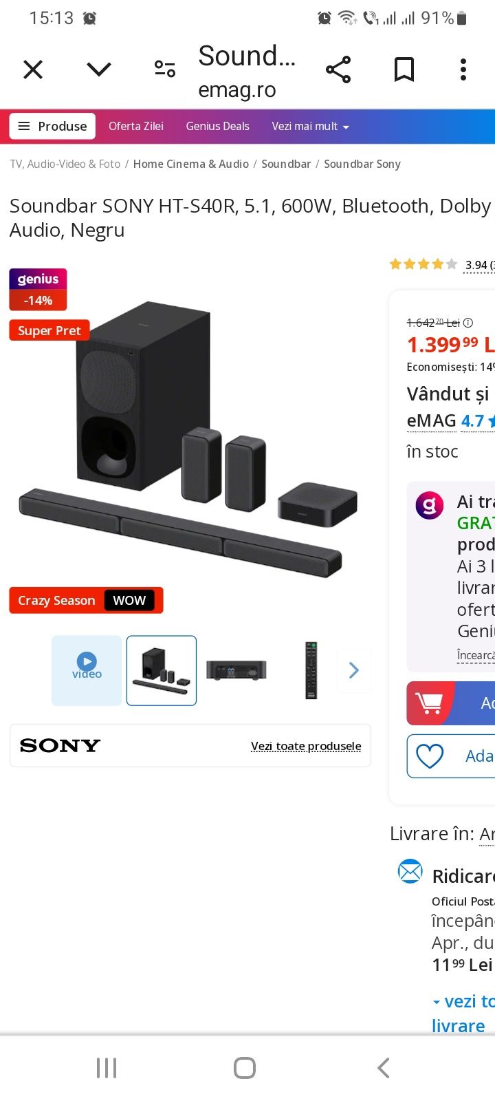 Soundbar Sony HT-S4OR,600W,5.1,negru