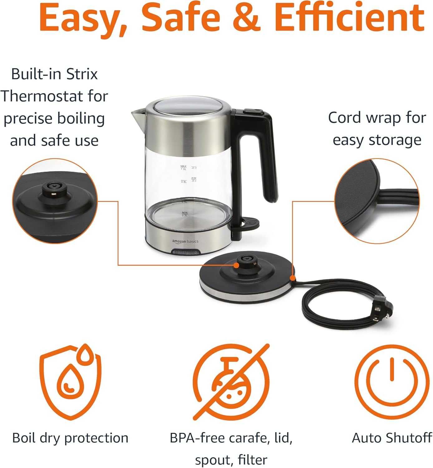 Кана за вода Amazon Basics Glass – 1.7 L, LED осветление