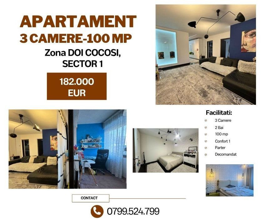 Apartament 3 camere-100 mp Zona Doi Cocosi Sector 1